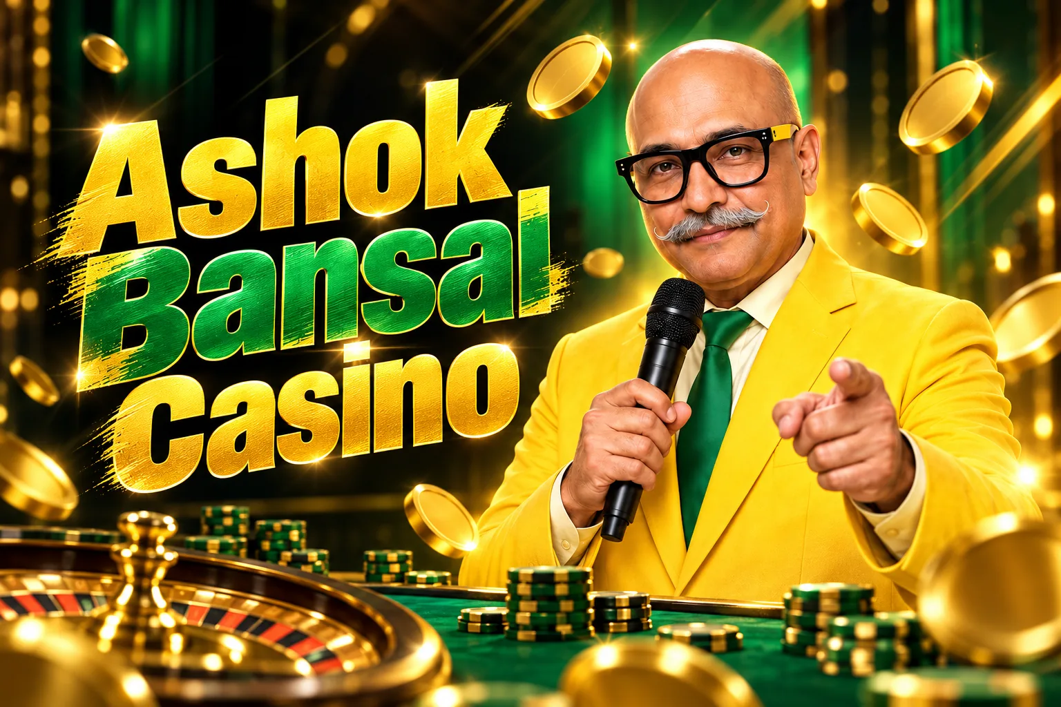 Ashok Bansal Casino welcome offer banner with Ashok Bansal, CEO, in a yellow jacket beside gold rupee coins